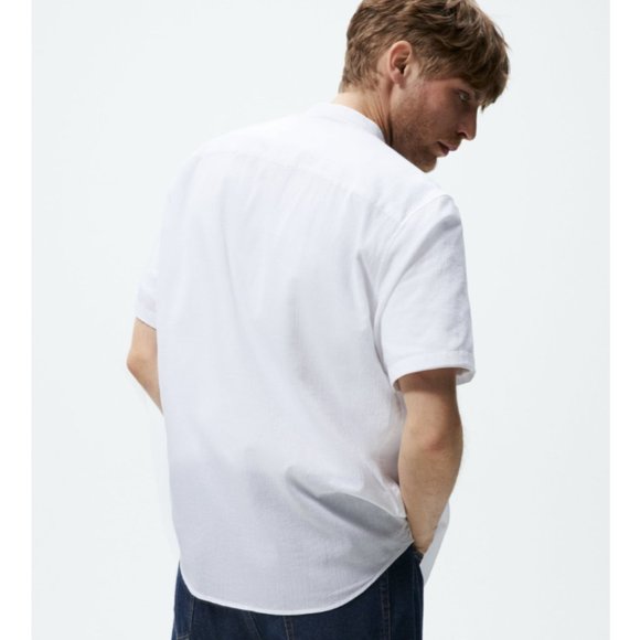 Zara Men's Cotton Slim Fit Collarless Short Sleeve Button Down - Picture 3 of 9